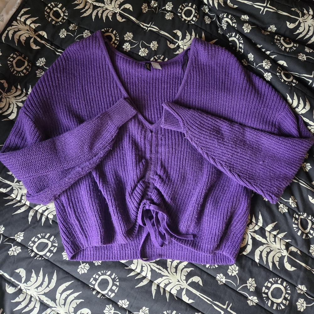 Ruched Top Knit Sweater, Dark Purple